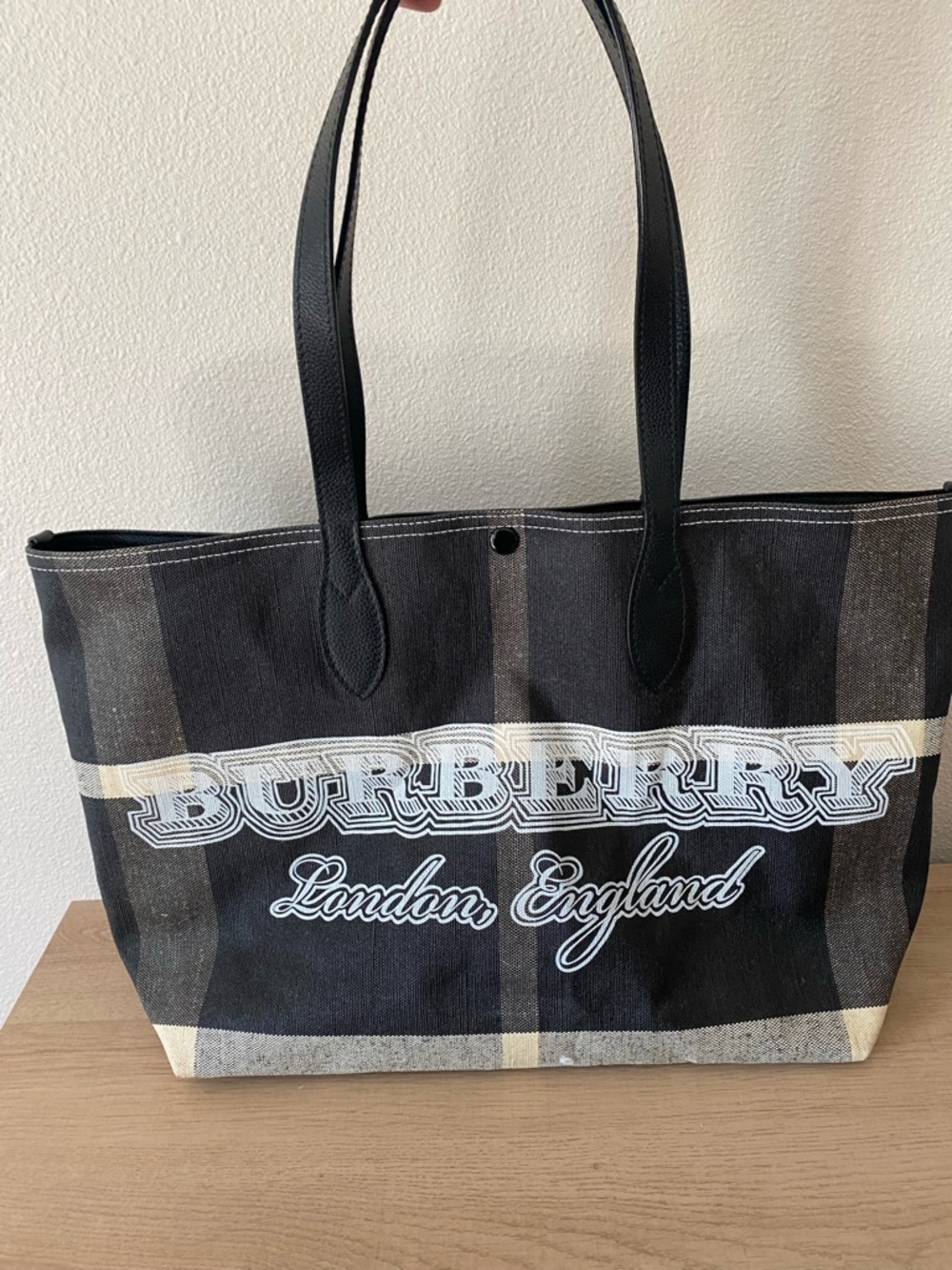 Burberry Black and Cream Check Canvas Tote with Logo